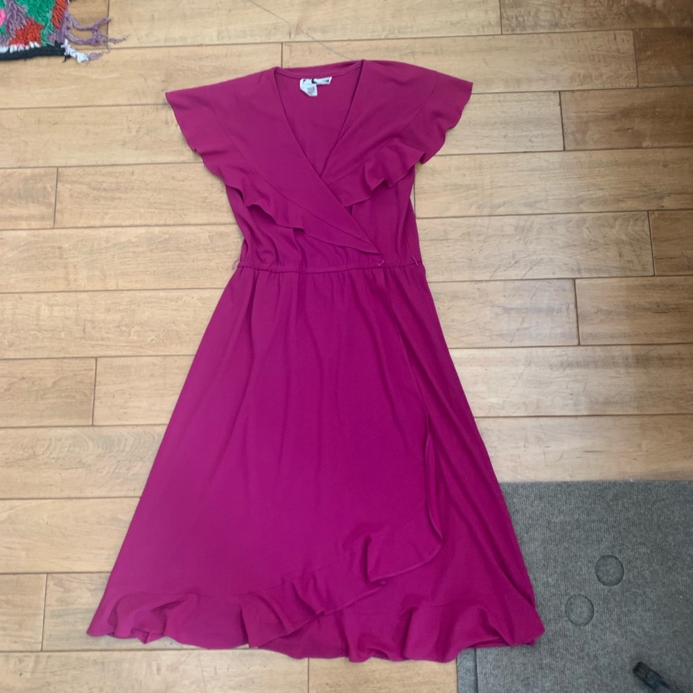 Vintage 1970s Semi Sheer Fuchsia Ruffle Dress M